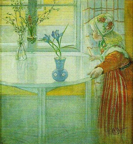 Carl Larsson lillanna vid fonstret-tittut-flickan och krokusen Sweden oil painting art